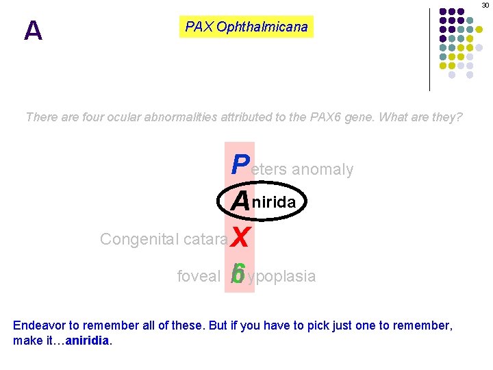 30 A PAX Ophthalmicana There are four ocular abnormalities attributed to the PAX 6