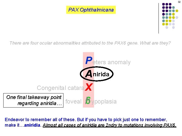 32 PAX Ophthalmicana There are four ocular abnormalities attributed to the PAX 6 gene.