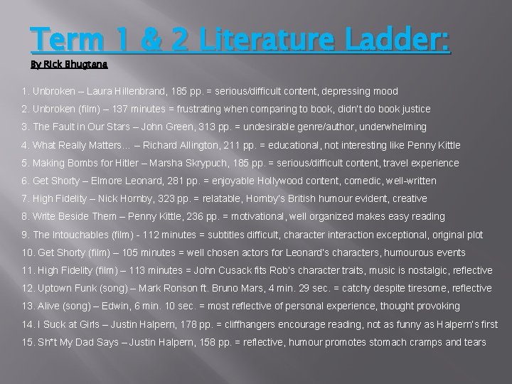 Term 1 & 2 Literature Ladder: By Rick Bhugtana 1. Unbroken – Laura Hillenbrand,