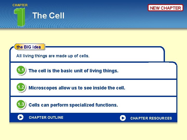 CHAPTER NEW CHAPTER The Cell the BIG idea All living things are made up