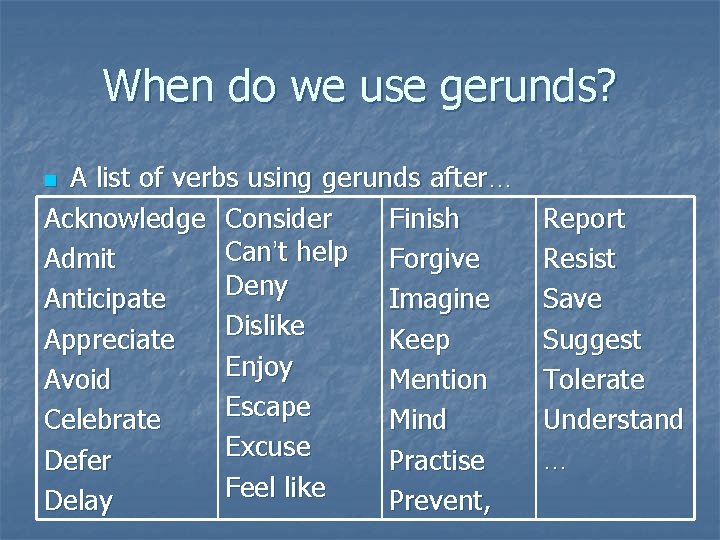 When do we use gerunds? A list of verbs using gerunds after… Acknowledge Consider