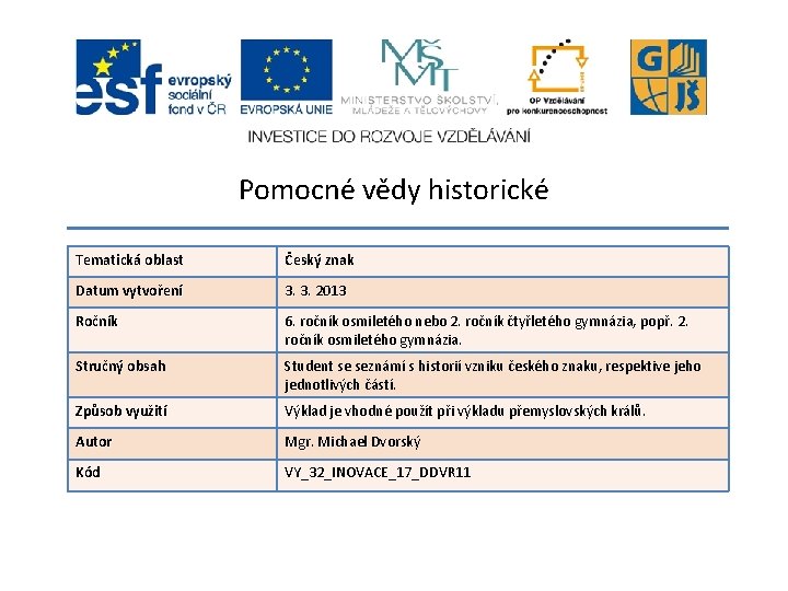 Pomocné vědy historické Tematická oblast Český znak Datum vytvoření 3. 3. 2013 Ročník 6.