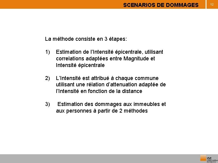 SCENARIOS DE DOMMAGES La méthode consiste en 3 étapes: 1) Estimation de l’Intensité épicentrale,