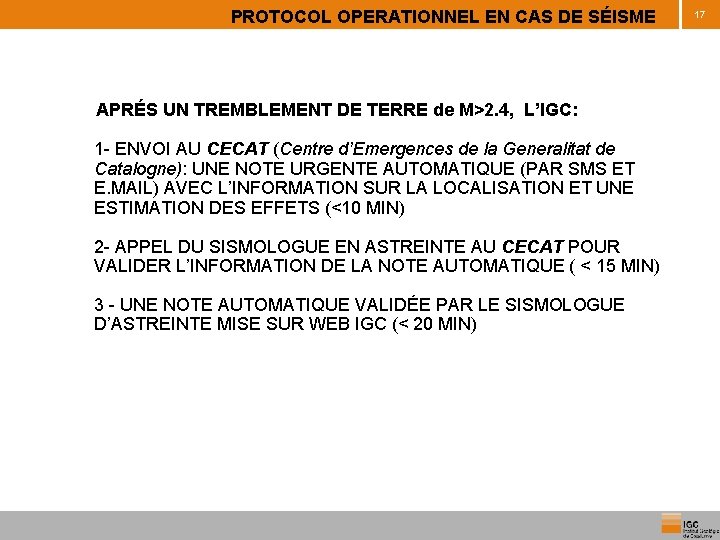 PROTOCOL OPERATIONNEL EN CAS DE SÉISME APRÉS UN TREMBLEMENT DE TERRE de M>2. 4,