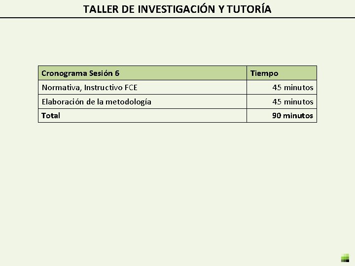 TALLER DE INVESTIGACIÓN Y TUTORÍA Cronograma Sesión 6 Tiempo Normativa, Instructivo FCE 45 minutos