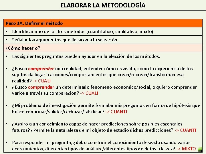 ELABORAR LA METODOLOGÍA Paso 3 A. Definir el método • Identificar uno de los