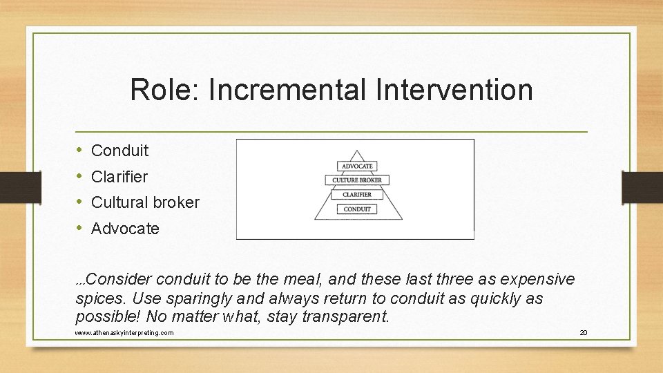 Role: Incremental Intervention • • Conduit Clarifier Cultural broker Advocate …Consider conduit to be