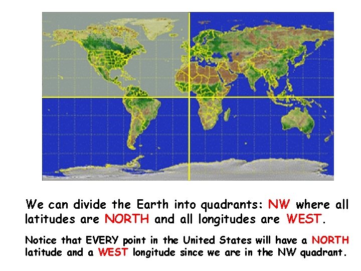 We can divide the Earth into quadrants: NW where all latitudes are NORTH and