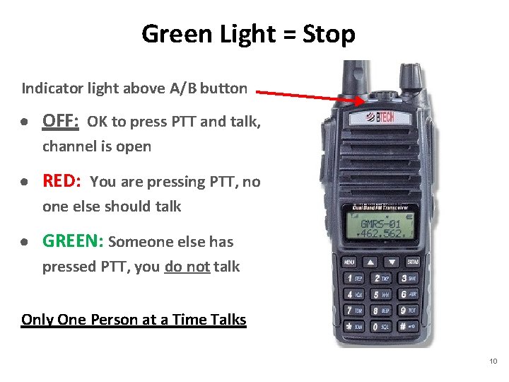 Green Light = Stop Indicator light above A/B button ● OFF: OK to press