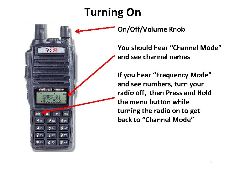 Turning On On/Off/Volume Knob You should hear “Channel Mode” and see channel names If