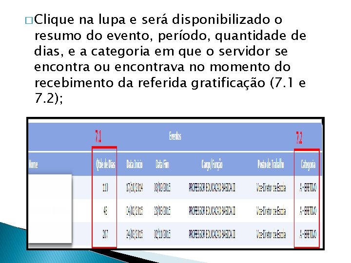 � Clique na lupa e será disponibilizado o resumo do evento, período, quantidade de