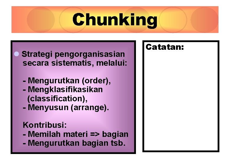 Chunking l Strategi pengorganisasian secara sistematis, melalui: - Mengurutkan (order), - Mengklasifikasikan (classification), -