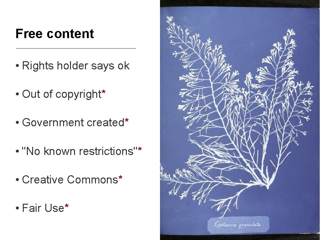 Free content • Rights holder says ok • Out of copyright* • Government created*