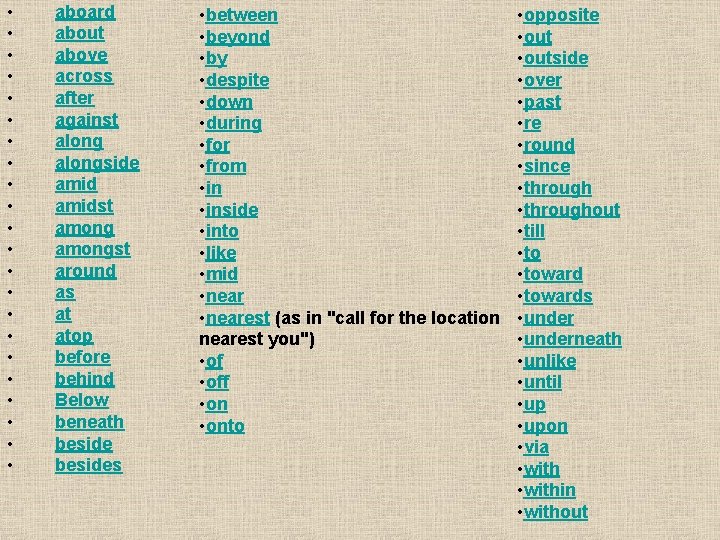  • • • • • • aboard about above across after against alongside