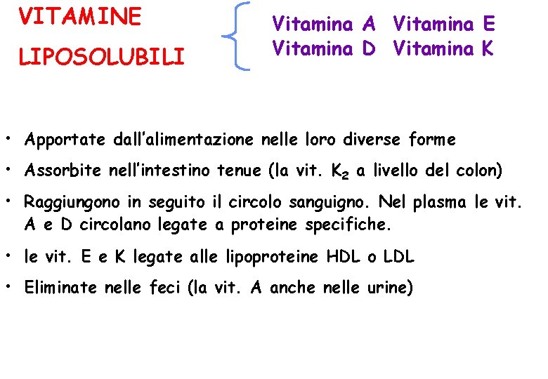 VITAMINE LIPOSOLUBILI Vitamina A Vitamina E Vitamina D Vitamina K • Apportate dall’alimentazione nelle