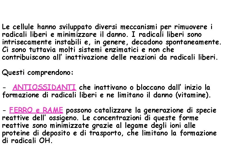 Le cellule hanno sviluppato diversi meccanismi per rimuovere i radicali liberi e minimizzare il