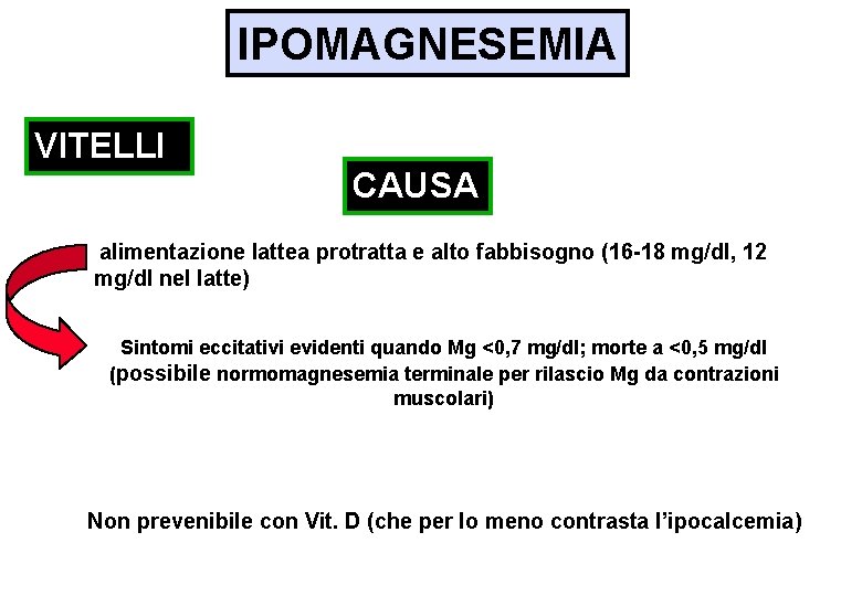 IPOMAGNESEMIA VITELLI CAUSA alimentazione lattea protratta e alto fabbisogno (16 -18 mg/dl, 12 mg/dl