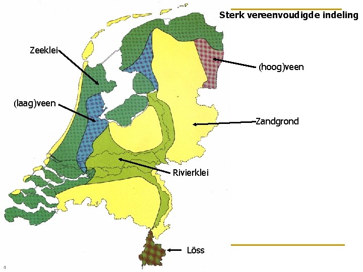 Sterk vereenvoudigde indeling Zeeklei (hoog)veen (laag)veen Zandgrond Rivierklei Löss 