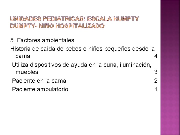5. Factores ambientales Historia de caída de bebes o niños pequeños desde la cama