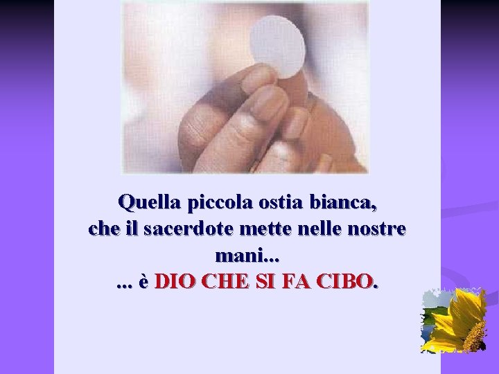 Quella piccola ostia bianca, che il sacerdote mette nelle nostre mani. . . è