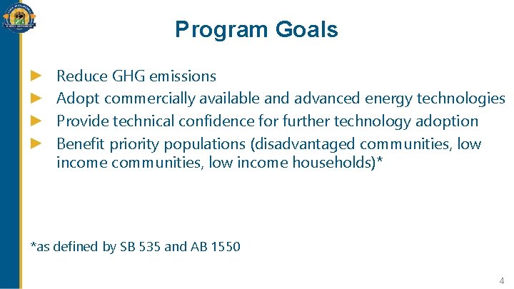 Program Goals Reduce GHG emissions Adopt commercially available and advanced energy technologies Provide technical