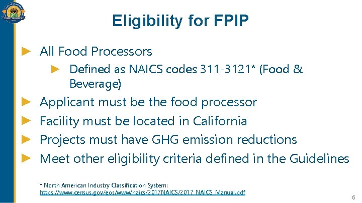 Eligibility for FPIP All Food Processors Defined as NAICS codes 311 -3121* (Food &