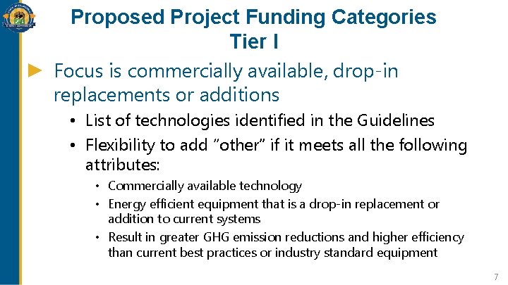 Proposed Project Funding Categories Tier I Focus is commercially available, drop-in replacements or additions