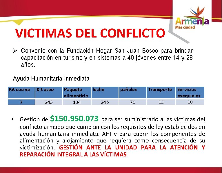 VICTIMAS DEL CONFLICTO Convenio con la Fundación Hogar San Juan Bosco para brindar capacitación