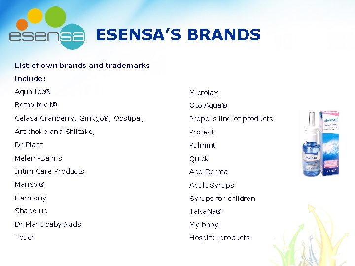ESENSA’S BRANDS List of own brands and trademarks include: Aqua Ice® Microlax Betavitevit® Oto ESENSA’S BRANDS List of own brands and trademarks include: Aqua Ice® Microlax Betavitevit® Oto