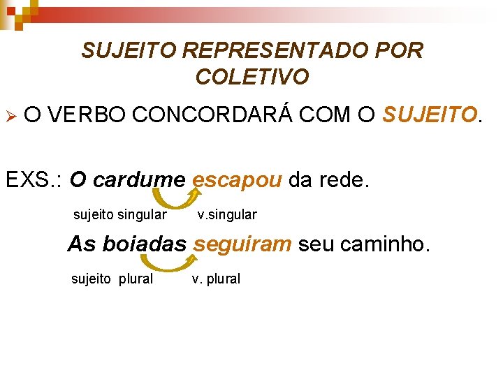 SUJEITO REPRESENTADO POR COLETIVO Ø O VERBO CONCORDARÁ COM O SUJEITO. EXS. : O