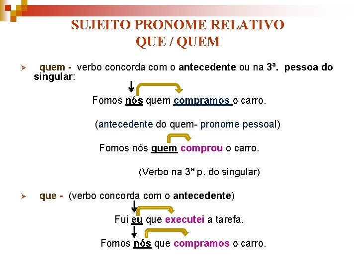 SUJEITO PRONOME RELATIVO QUE / QUEM Ø quem - verbo concorda com o antecedente