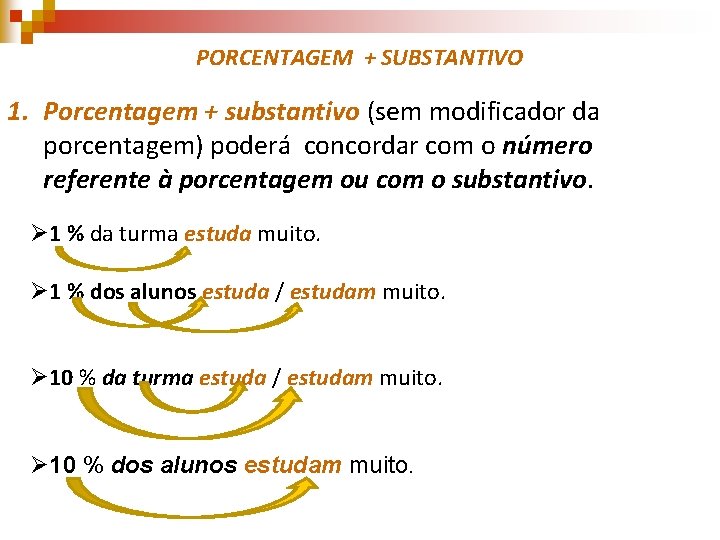 PORCENTAGEM + SUBSTANTIVO 1. Porcentagem + substantivo (sem modificador da porcentagem) poderá concordar com