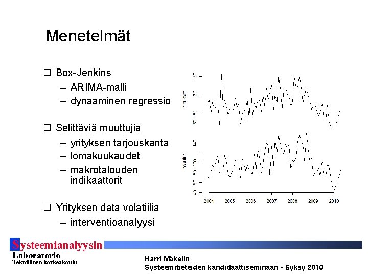 Menetelmät q Box-Jenkins – ARIMA-malli – dynaaminen regressio q Selittäviä muuttujia – yrityksen tarjouskanta