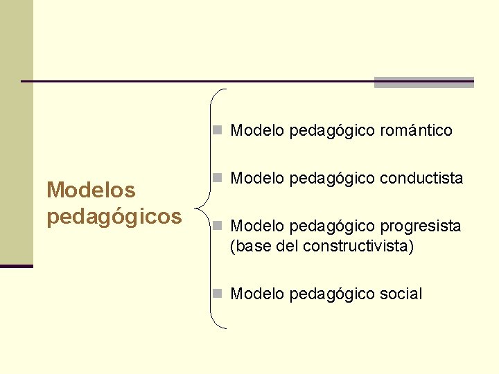 n Modelo pedagógico romántico Modelos pedagógicos n Modelo pedagógico conductista n Modelo pedagógico progresista