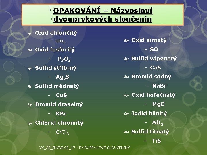 OPAKOVÁNÍ – Názvosloví dvouprvkových sloučenin Oxid chloričitý - Cl. O 2 Oxid sirnatý -