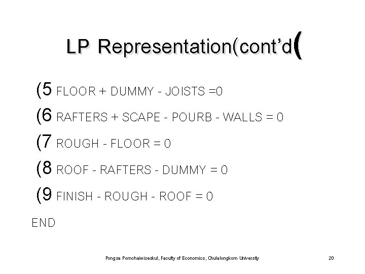 LP Representation(cont’d( (5 FLOOR + DUMMY - JOISTS =0 (6 RAFTERS + SCAPE -