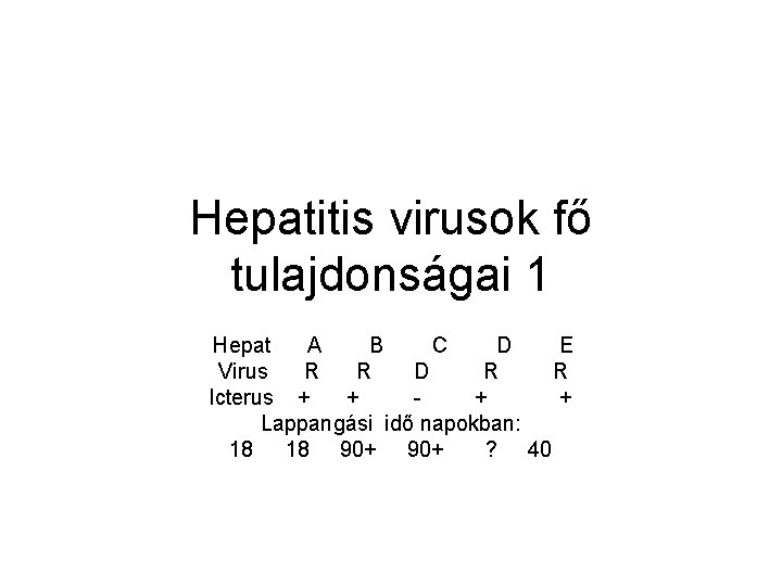 Hepatitis virusok fő tulajdonságai 1 Hepat A B C D E Virus R R