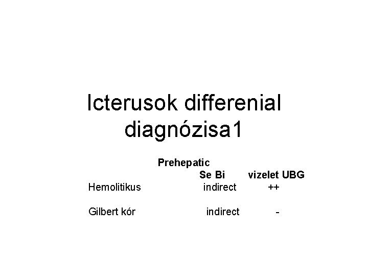 Icterusok differenial diagnózisa 1 Hemolitikus Gilbert kór Prehepatic Se Bi indirect vizelet UBG ++