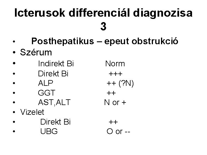 Icterusok differenciál diagnozisa 3 Posthepatikus – epeut obstrukció • Szérum • Indirekt Bi Norm