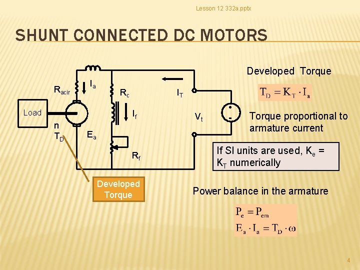 Lesson 12 332 a. pptx SHUNT CONNECTED DC MOTORS Developed Torque Racir Ia Load