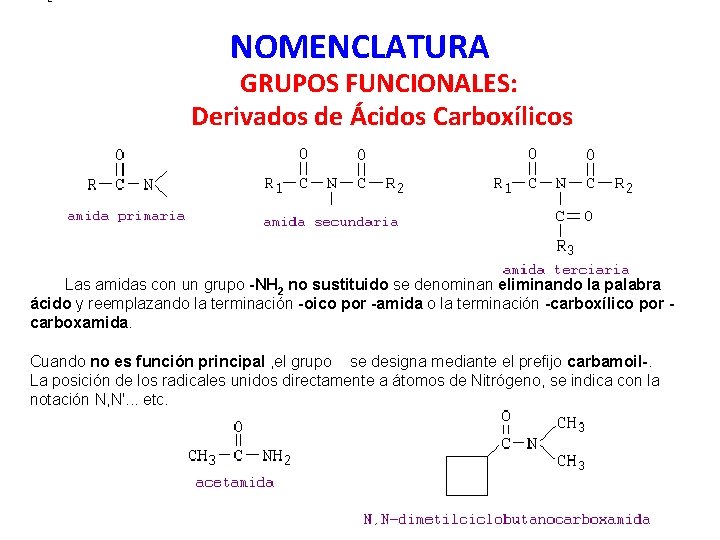 NOMENCLATURA GRUPOS FUNCIONALES: Derivados de Ácidos Carboxílicos Las amidas con un grupo -NH 2