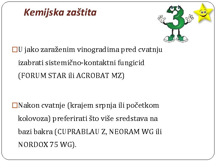Kemijska zaštita �U jako zaraženim vinogradima pred cvatnju izabrati sistemično-kontaktni fungicid (FORUM STAR ili