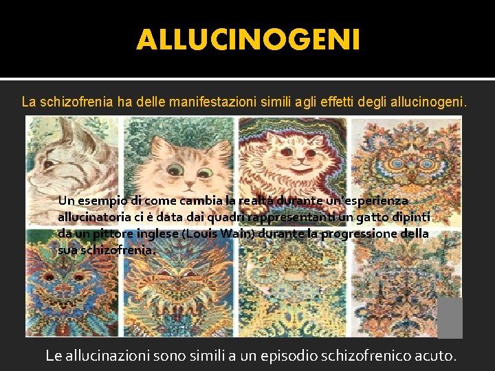 ALLUCINOGENI La schizofrenia ha delle manifestazioni simili agli effetti degli allucinogeni. Un esempio di