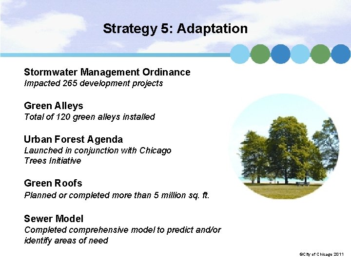 Strategy 5: Adaptation Stormwater Management Ordinance Impacted 265 development projects Green Alleys Total of