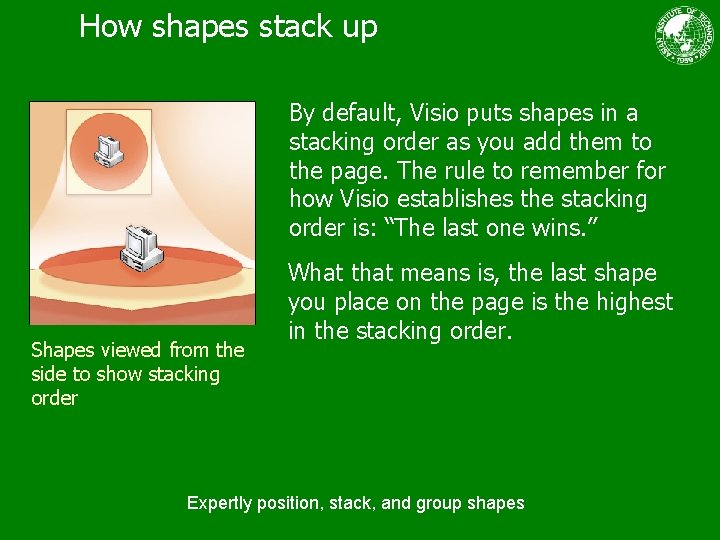 How shapes stack up By default, Visio puts shapes in a stacking order as