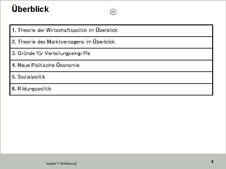 Überblick 1. Theorie der Wirtschaftspolitik im Überblick 2. Theorie des Marktversagens im Überblick 3.