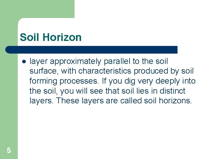 Soil Horizon l 5 layer approximately parallel to the soil surface, with characteristics produced