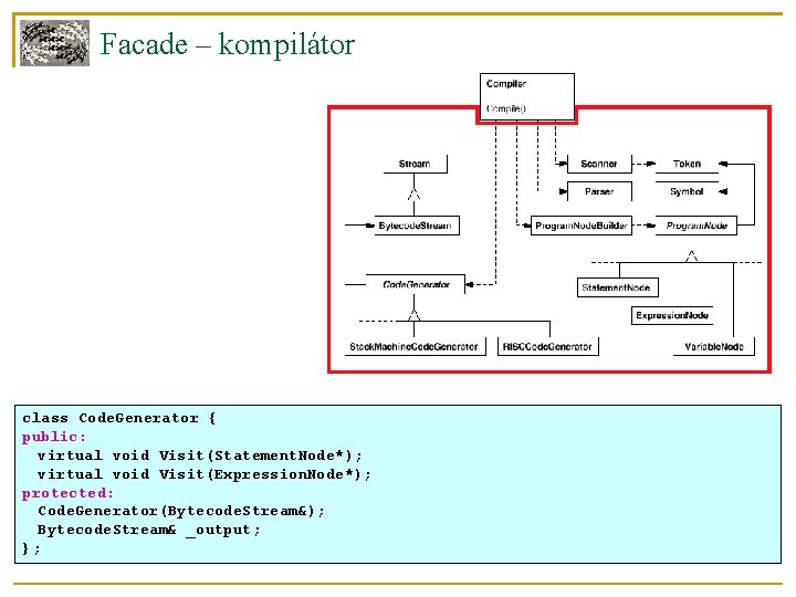 Facade – kompilátor class Code. Generator { public: virtual void Visit(Statement. Node*); virtual void