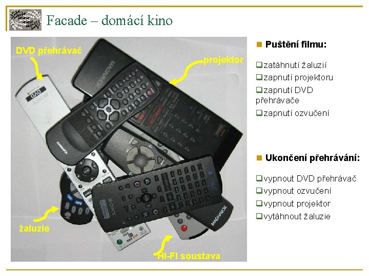 Facade – domácí kino DVD přehrávač Puštění filmu: projektor zatáhnutí žaluzií zapnutí projektoru zapnutí