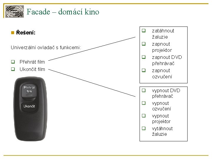 Facade – domácí kino Řešení: Univerzální ovladač s funkcemi: Přehrát film Ukončit film zatáhnout